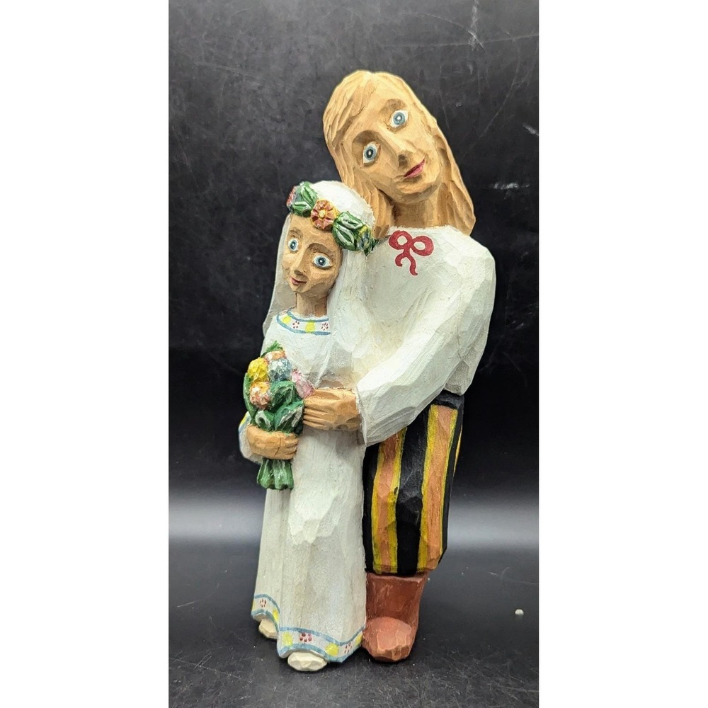 Vintage Eugeniusz Wegielek Hand Carved Wood Married Couple Wedding Sculpture 10"
